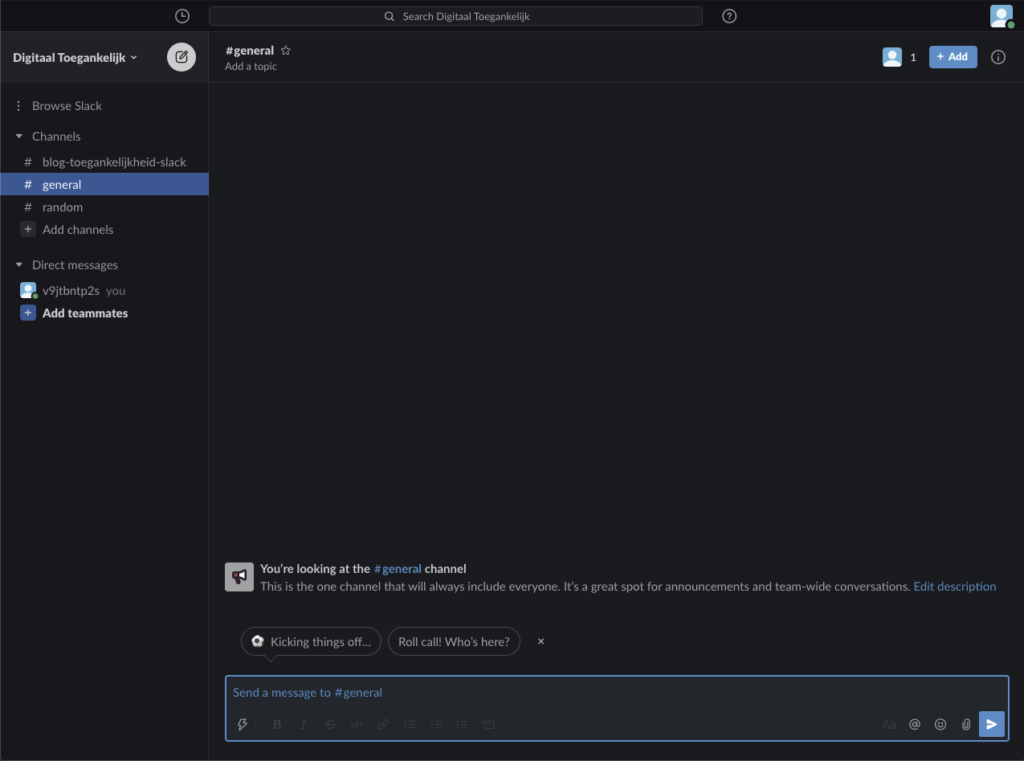 Screenshot van de dark mode van Slack
