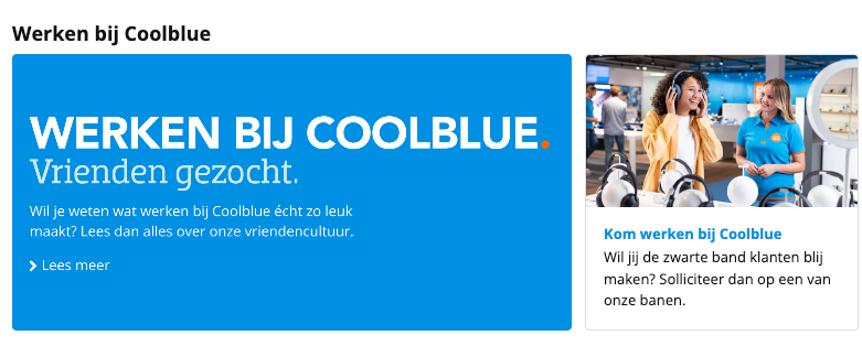 Screenshot van de afbeelding met de tekst 'Werken bij Coolblue, vrienden geozcht.' en meer tekst. De lichtblauwe tekst is slecht leesbaar op een blauwe achtergrond.