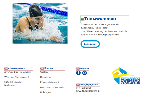 Screenshot van een website van een zwembad waarbij de koppenstructuur niet goed in orde is