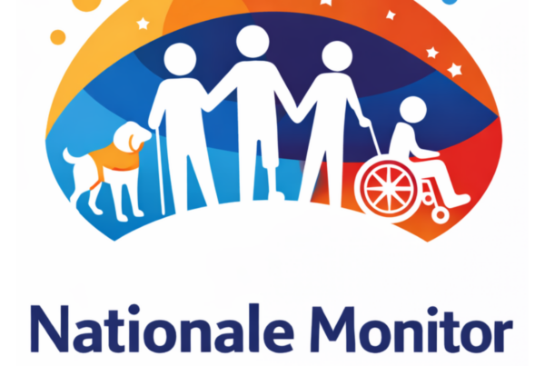 Logo van Nationale Monitor Toegankelijkheid. Op een achtergrond van vrolijke kleuren zijn pictogrammen van mensen met een beperking te zien