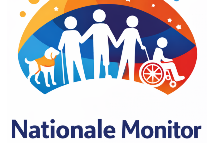Logo van Nationale Monitor Toegankelijkheid. Op een achtergrond van vrolijke kleuren zijn pictogrammen van mensen met een beperking te zien