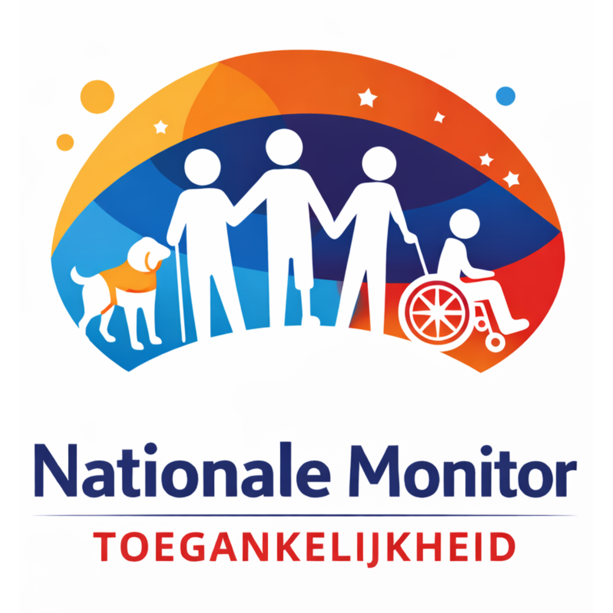 Logo van Nationale Monitor Toegankelijkheid. Op een achtergrond van vrolijke kleuren zijn pictogrammen van mensen met een beperking te zien